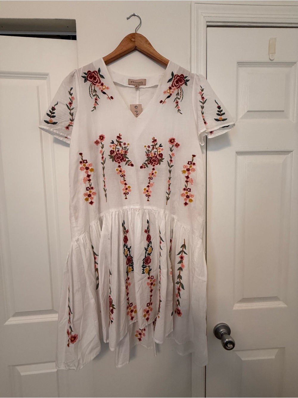 Philosophy White Dress with Multicolor Floral Embroidery